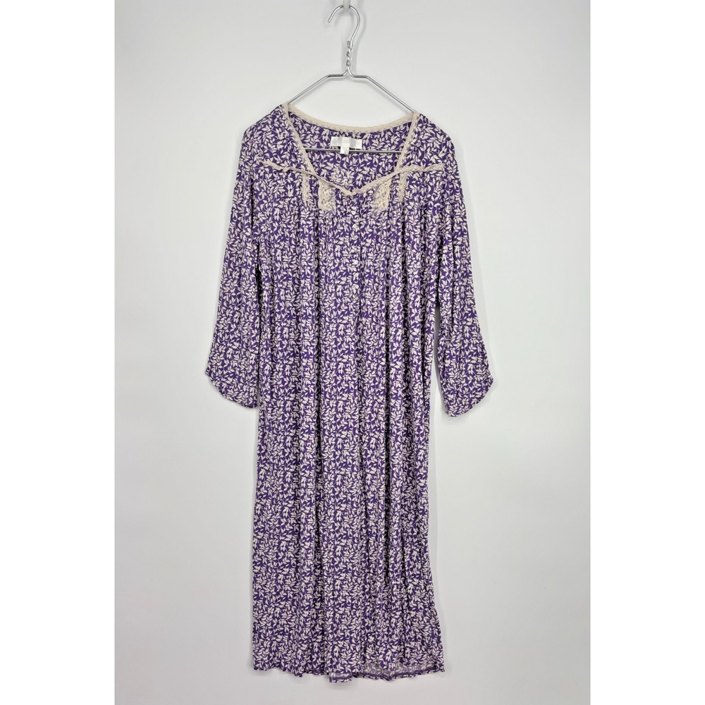 Eileen West Nightgown L Purple Floral Long Knit Long Sleeve Ruffle Cottagecore